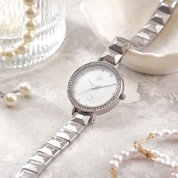Fastrack Vyb Enigma Quartz Analog Mother of Pearl Dial Silver Color Metal Strap Watch For Girls - image number 0