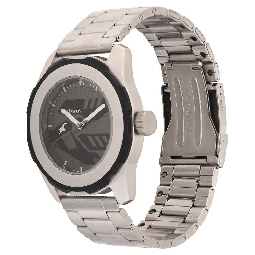 Fastrack Quartz Analog Black Dial Stainless Steel Strap Watch for Guys
