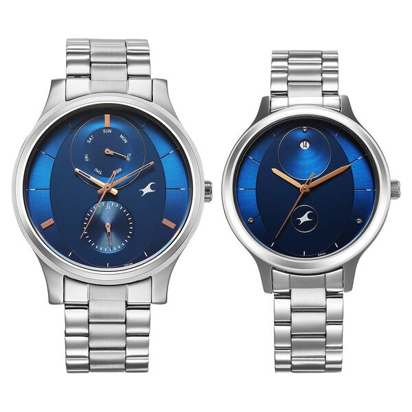 Fastrack Mixmatched Quartz Multifunction Blue Dial Silver Stainless Steel Strap Watch For Couple - image number 1