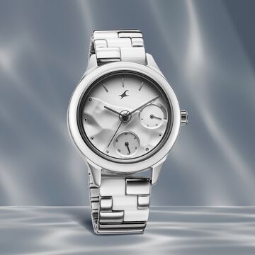 Fastrack Cerame Quartz Multifunction Silver Dial With Silver Color Steel & Ceramic Strap Watch For Girls