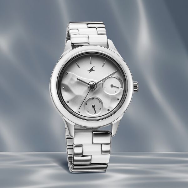Fastrack Cerame Quartz Multifunction Silver Dial With Silver Color Steel & Ceramic Strap Watch For Girls - image number 0