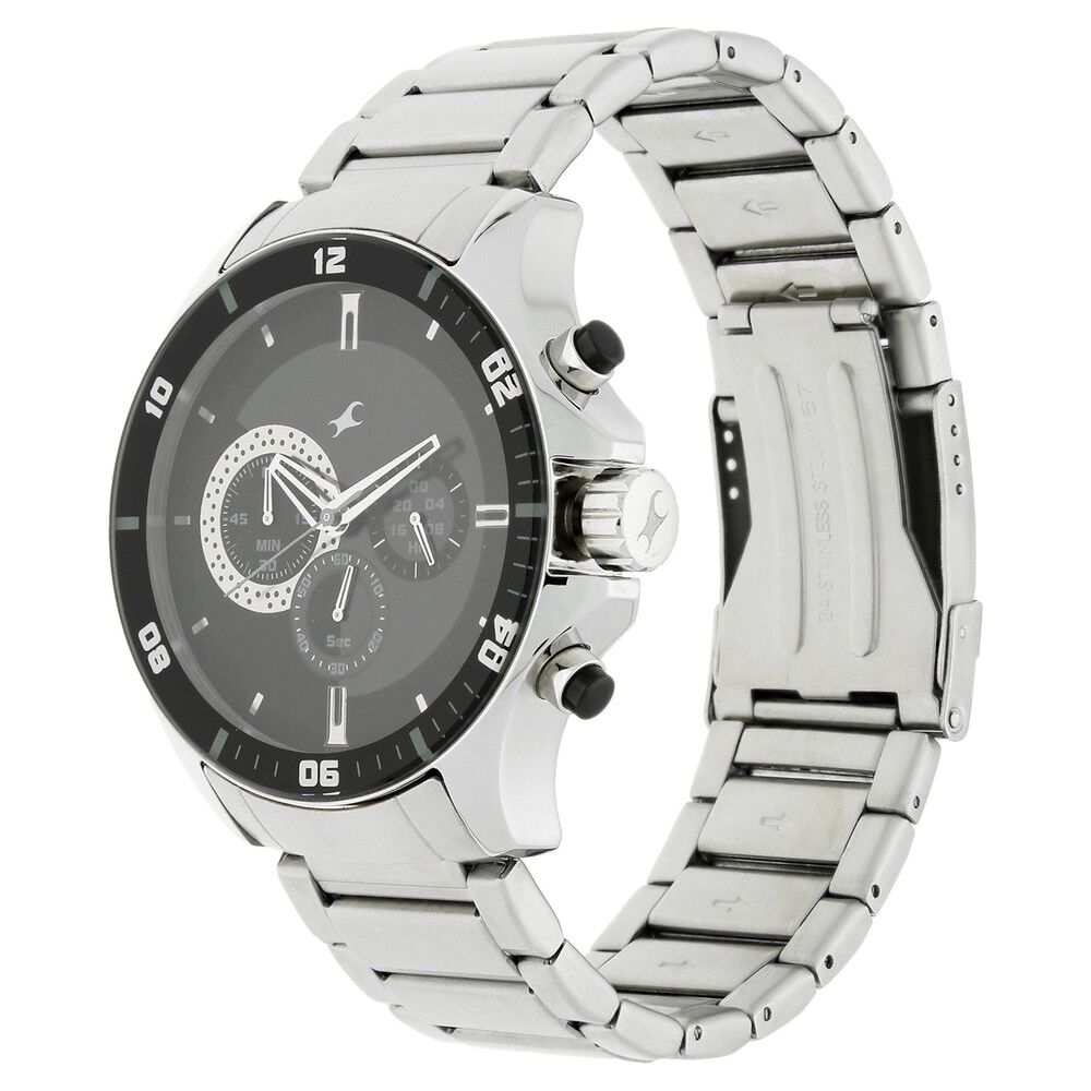 Buy Online Fastrack Big Time Quartz Chronograph Black Dial Stainless Steel Strap Watch for Guys ns3072sm02 Fastrack