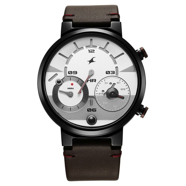 Fastrack Gambit Micromotor White Dial Brown Leather Strap Analog Watch for Guys - image number 1