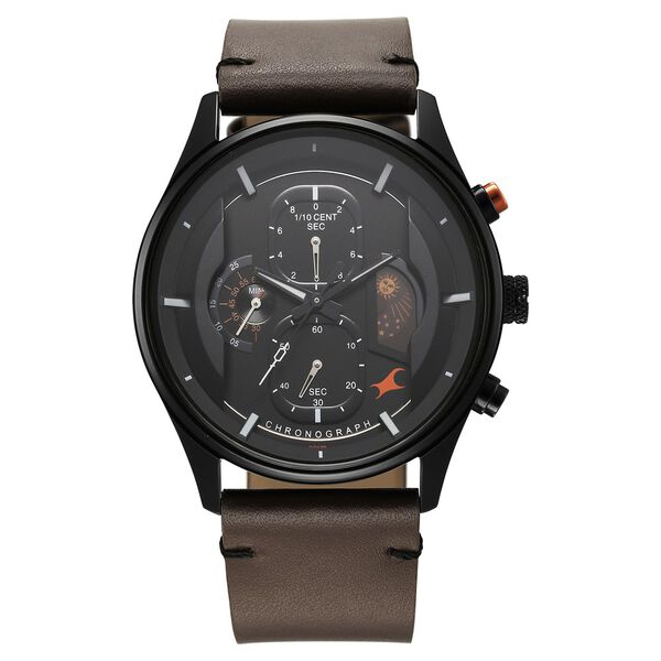 Fastrack Opulence Sun Moon Chronograph Black Dial Brown Leather Strap Analog Quartz Watch For Guys - image number 1