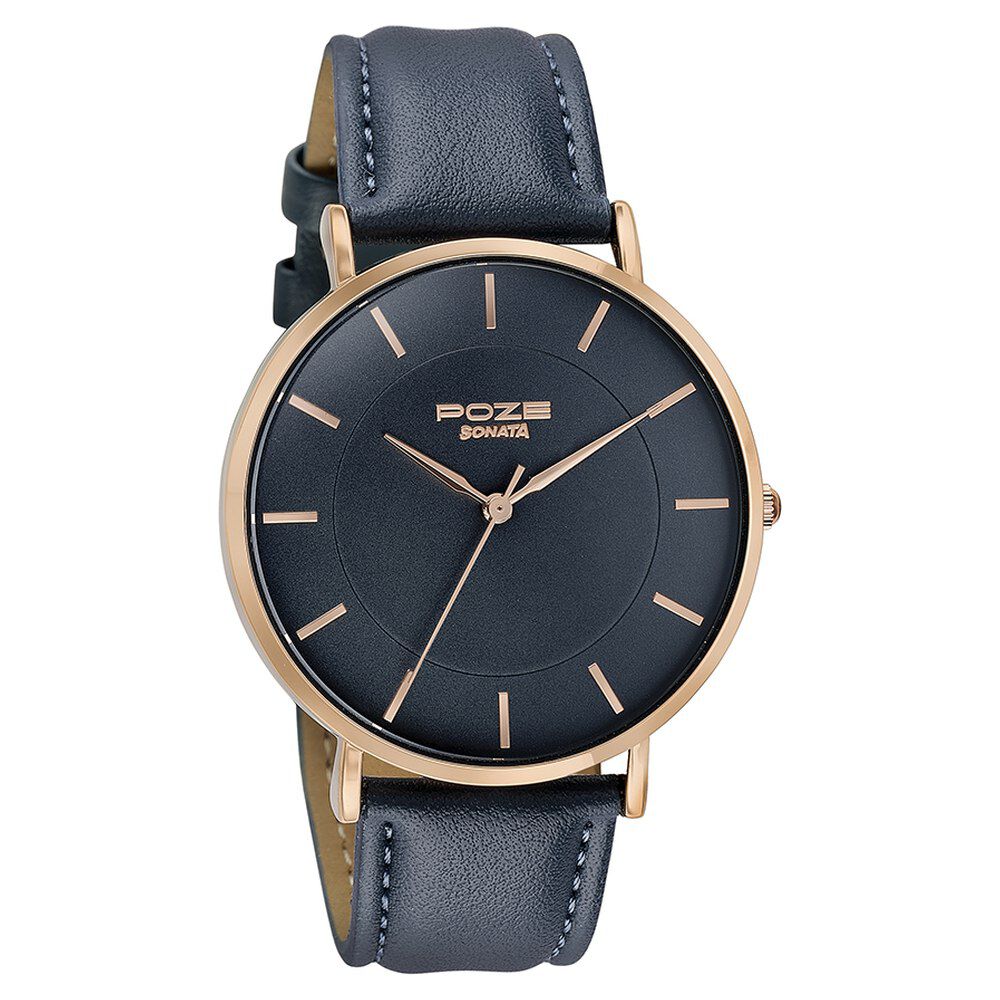 Sonata Poze Quartz Analog Blue Dial Leather Strap Watch for Men