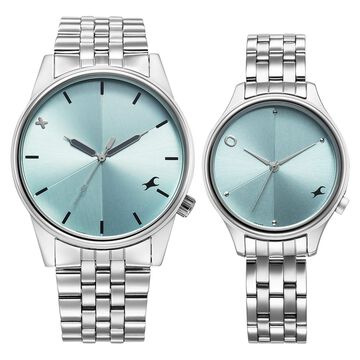 Fastrack Mixmatched Quartz Analog Blue Dial With Silver Metal Strap Watch For Couple