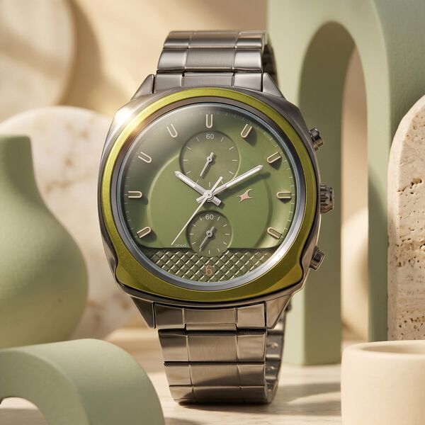 Fastrack Gelato Gunmetal chronograph watch with Pista green dial for Guys - image number 0
