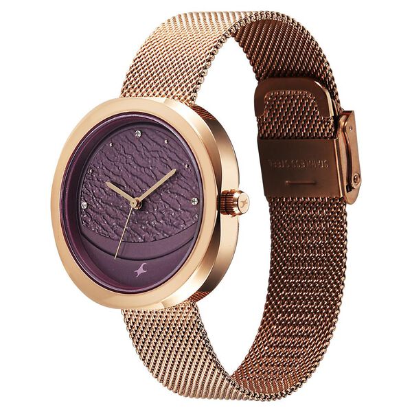 Fastrack Gelato rosegold analog mesh strap watch with Plum dial for Girls - image number 2