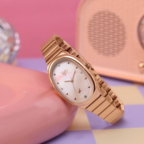 Vyb Enigma By Fastrack Quartz Analog Pink Mother of Pearl Dial Rose Gold Metal Strap Watch For Girls - image number 0