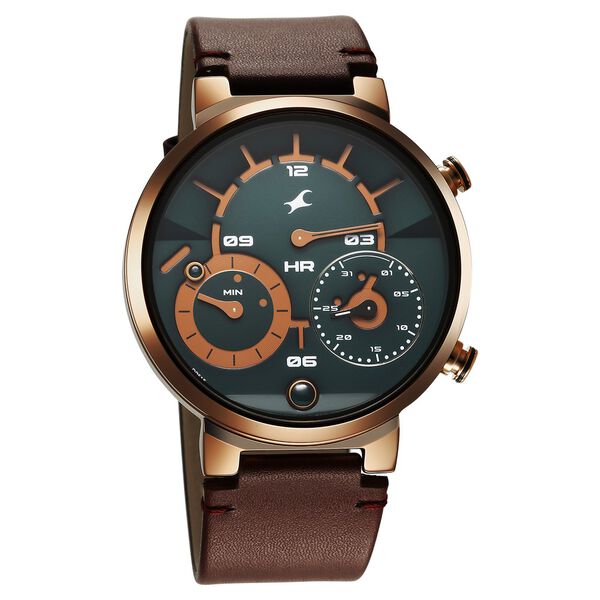 Fastrack Gambit Micromotor Green Dial Brown Leather Strap Analog Watch for Guys - image number 2