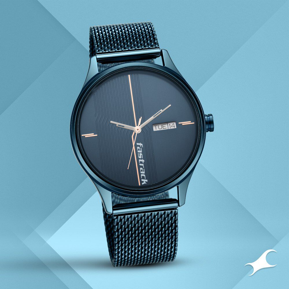 Fastrack Style Up Quartz Analog with Day and Date Blue Dial
