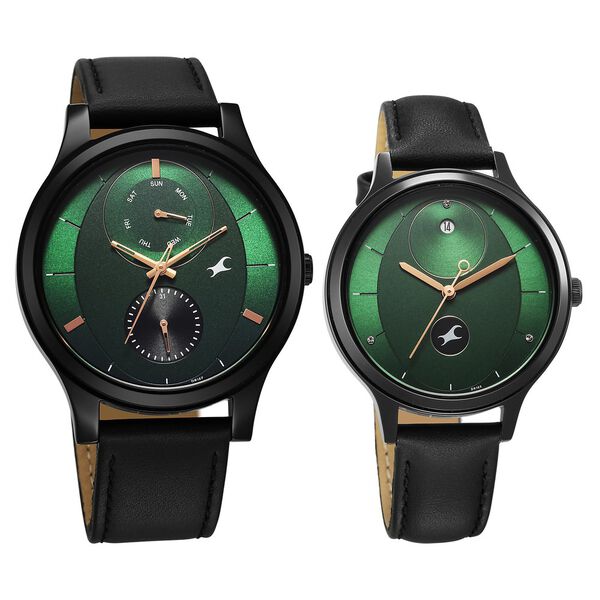 Fastrack Mixmatched Quartz Multifunction Green Dial Black Leather Strap Watch For Couple - image number 2
