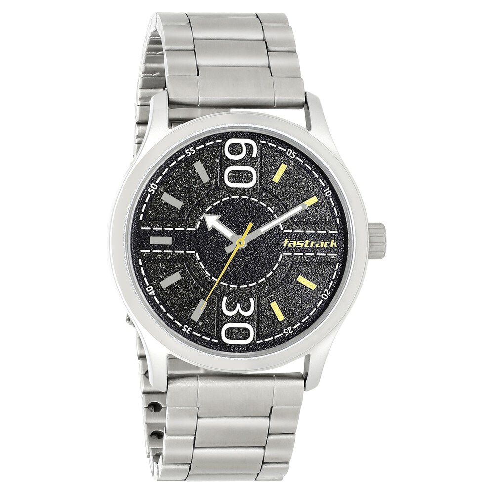 Buy Online Fastrack Road Trip Quartz Analog Black Dial Stainless Steel Strap Watch for Guys nm3197sm02 Fastrack