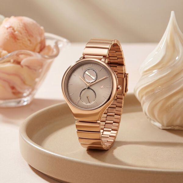 Fastrack Gelato rosegold multifunction metal strap watch with Caramel dial for Girls - image number 0