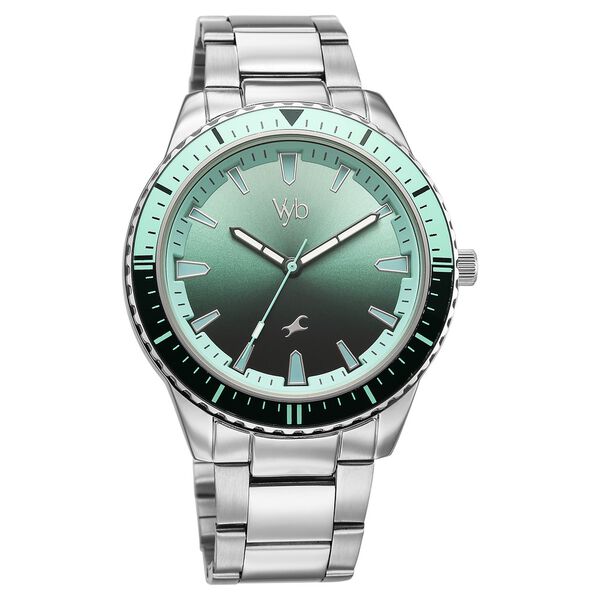 Vyb Hustler By Fastrack Quartz Analog Green Dial Silver Metal Strap Watch For Guys - image number 1
