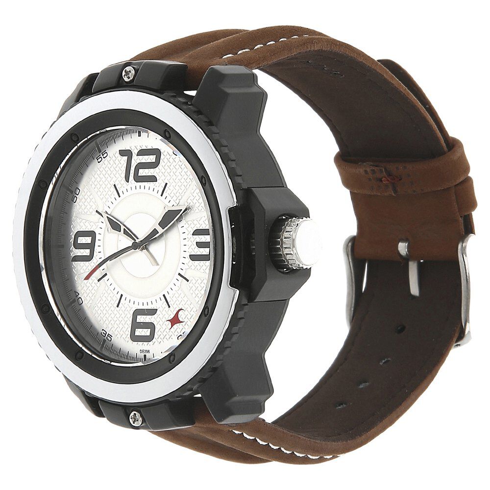 Fastrack Quartz Analog Silver Dial Leather Strap Watch for Guys