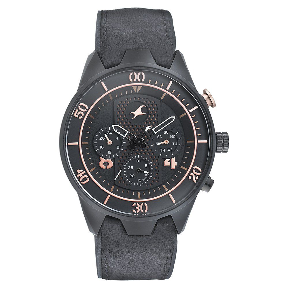 Buy Online Fastrack All Nighters Quartz Multifunction Black Dial Leather Strap Watch for Guys np3195ap03 Fastrack