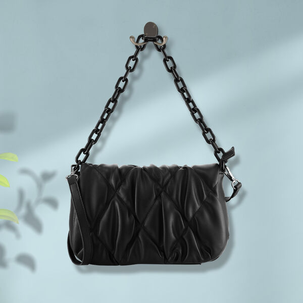 Fastrack Pleat-Quilted Satchel with Acetate Chain Handle in Black - image number 0