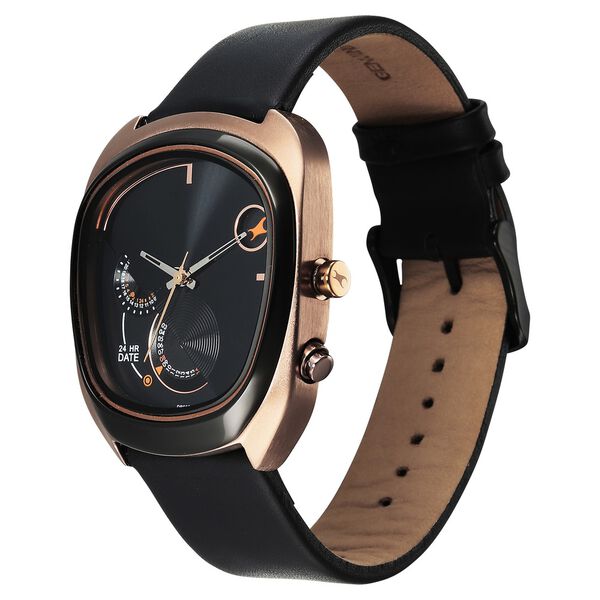 Fastrack UFO Quartz Multifunction Black Dial Black Leather Strap Watch For Guys - image number 2