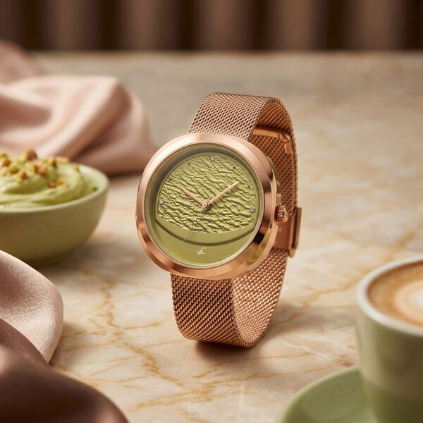 Fastrack Gelato rosegold analog mesh strap watch with Matcha green dial for Girls - image number 0