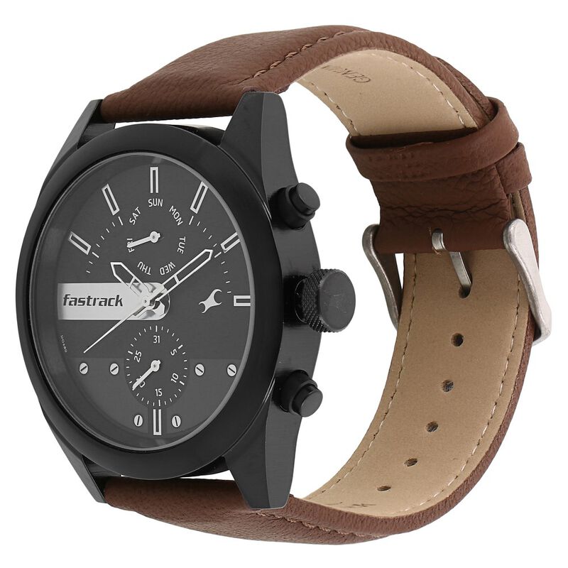 Fastrack All Nighters Quartz Multifunction Black Dial Leather Strap Watch  for Guys