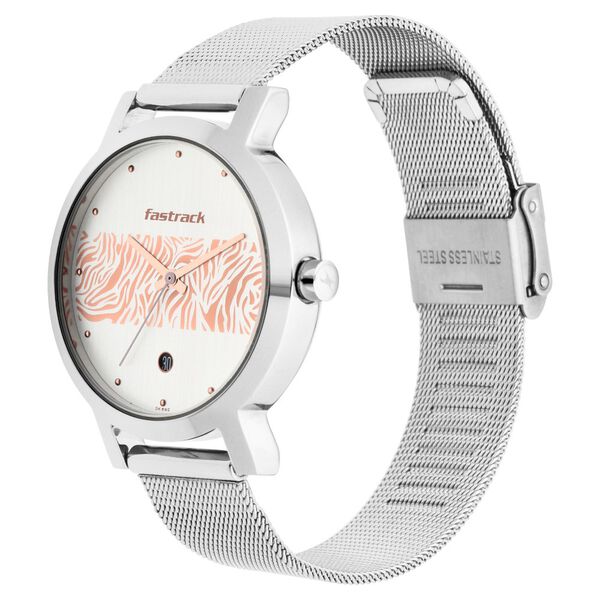 Fastrack Animal Print Quartz Analog with Date Bicolour Dial Stainless Steel Strap Watch for Girls - image number 3