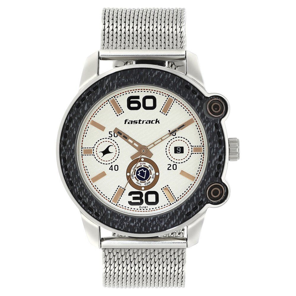 Buy Online Fastrack Denim Quartz Analog with Day and Date Beige Dial Stainless Steel Strap Watch for Guys 3188km02 p Fastrack