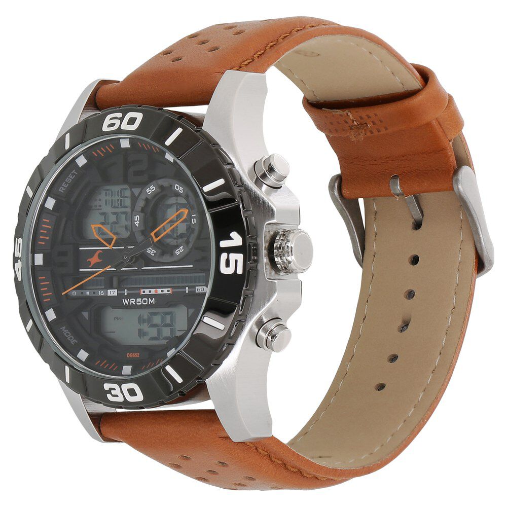 Buy Online Fastrack Quartz Analog Digital Grey Dial Leather Strap Watch for Guys ns38035sl04 Fastrack