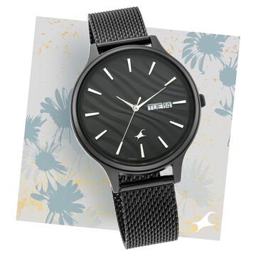 Fastrack Ruffles Quartz Analog with Day and Date Black Dial Stainless Steel Strap Watch for Girls