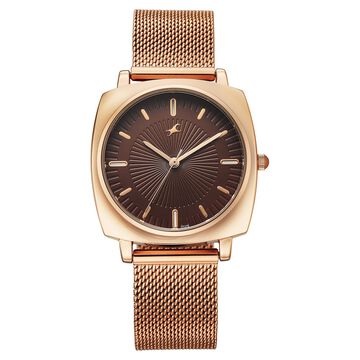 Fastrack Stunners Quartz Analog Brown Dial Rose Gold Stainless Steel Strap Watch For Girls