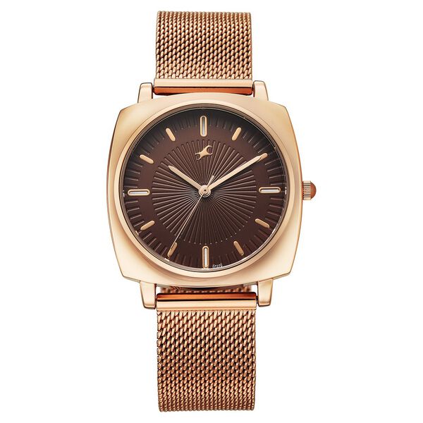 Fastrack Stunners Quartz Analog Brown Dial Rose Gold Stainless Steel Strap Watch For Girls - image number 0