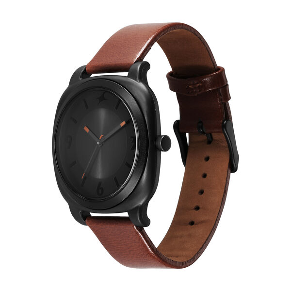 Fastrack Hype All Black Quartz Analog Black Dial With Brown Leather Strap Watch For Unisex - image number 2