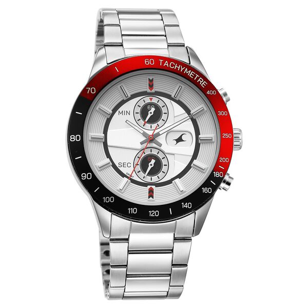 Fastrack Overdrive Quartz Chronograph Tachymeter White Dial Silver Stainless Steel Strap Watch For Guys - image number 1