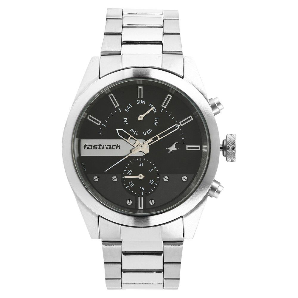 Buy Online Fastrack All Nighters Quartz Multifunction Grey Dial Metal Strap Watch for Guys ns3165sm01 Fastrack