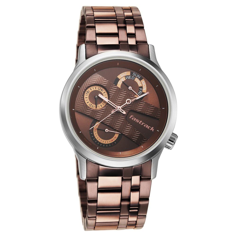 Fastrack Exuberant Quartz Multifunction Brown Dial Metal Strap Watch for Guys