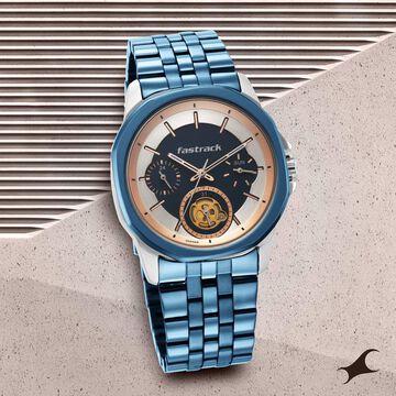 Fastrack Exuberant Quartz Analog Blue Dial Metal Strap Watch for Guys