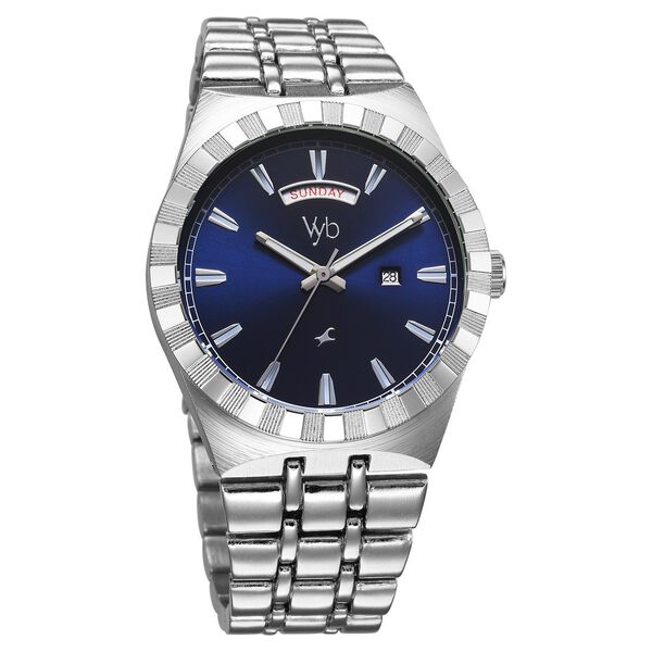 Fastrack Vyb Orion Quartz Analog Blue Dial Silver Color Metal Strap Watch For Guys - image number 2