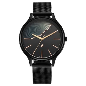 Fastrack Style Up Quartz Analog Black Dial Black Colour Stainless Steel Strap Watch For Girls
