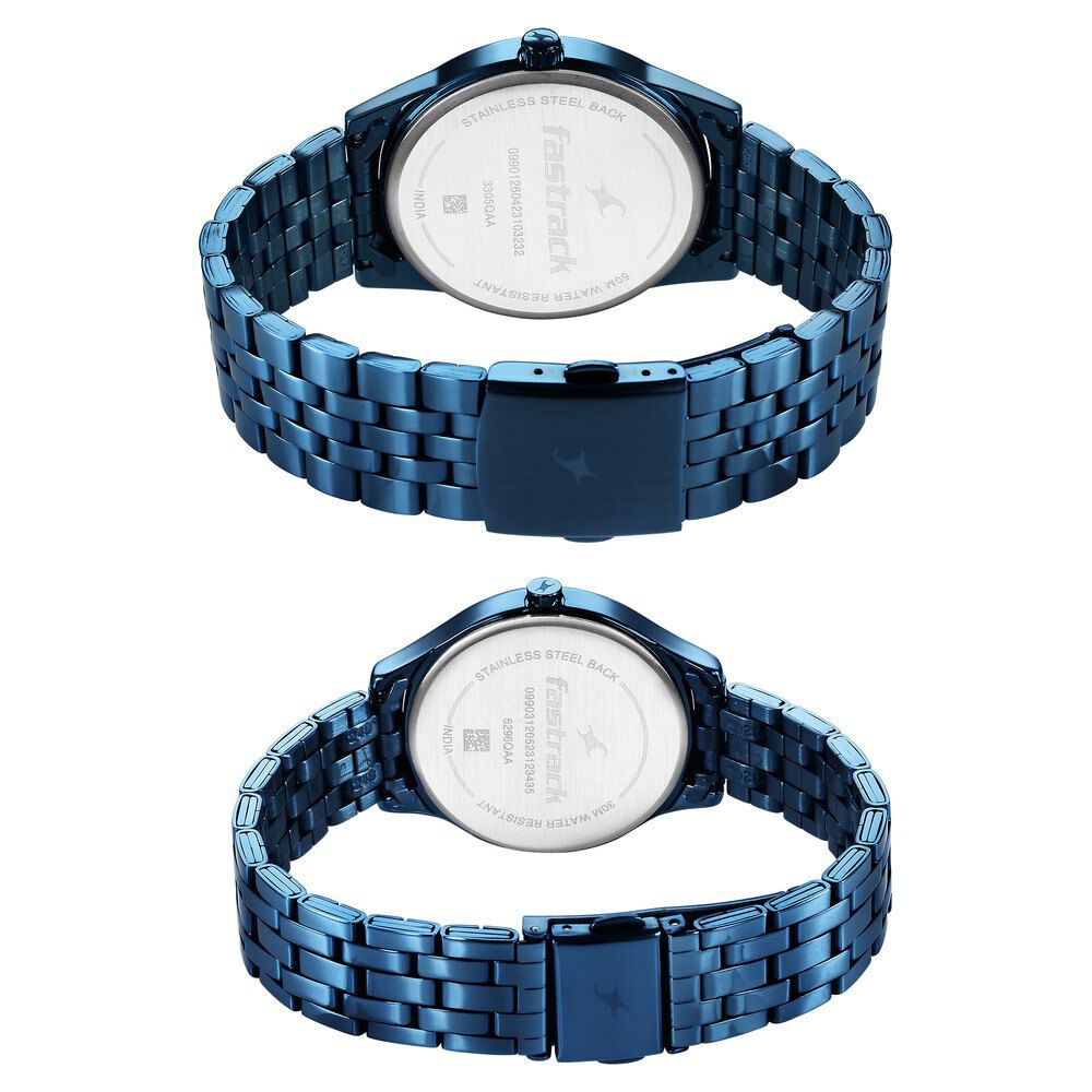 Buy Online Fastrack Mixmatched Quartz Analog Black Dial Blue Stainless Steel Strap Watch for Couple ns33056296qm01p Fastrack