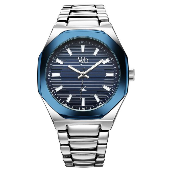 Fastrack Vyb Limitless Quartz Analog Blue Dial Silver Color Metal Strap Watch For Guys - image number 1