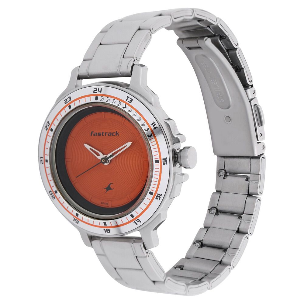 Buy Online Fastrack Quartz Analog Orange Dial Stainless Steel Strap Watch for Girls nk6135sm02 Fastrack
