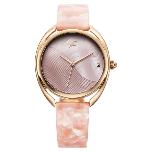 Fastrack Younique Quartz Analog Pink Color Mother Of Pearl Dial Acetate And Metal Strap Watch For Girls - image number 1