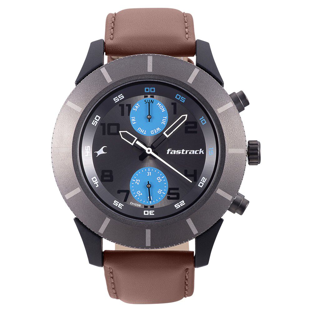 Buy Online Fastrack Modular Quartz Analog Anthracite Dial Leather Strap Watch for Guys nl3182kl56 Fastrack