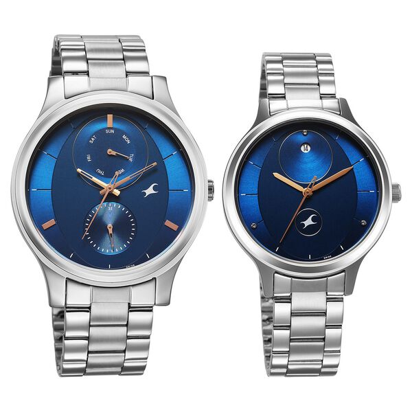 Fastrack Mixmatched Quartz Multifunction Blue Dial Silver Stainless Steel Strap Watch For Couple - image number 2