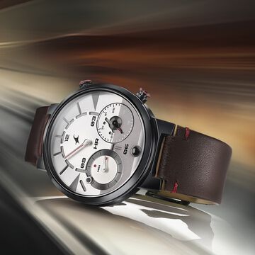 Fastrack Gambit Micromotor White Dial Brown Leather Strap Analog Watch for Guys