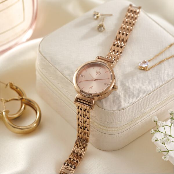 Fastrack Vyb Charmer Quartz Analog Rose Gold Dial Rose Gold Color Metal Strap Watch For Girls - image number 0