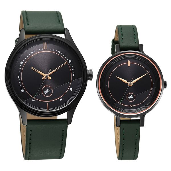 Fastrack Mixmatched Quartz Analog Black Dial Green Leather Strap Watch For Couple - image number 1