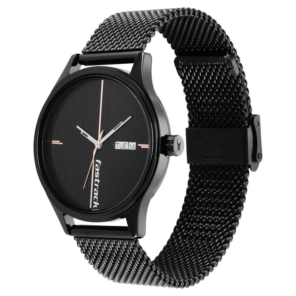 Buy Online Fastrack Style Up Quartz Analog with Day and Date Black Dial Stainless Steel Strap Watch for Guys ns3247nm03 Fastrack