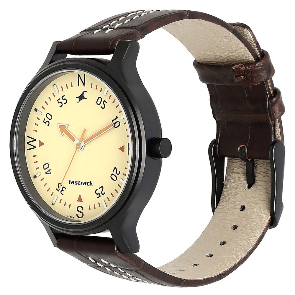 Fastrack Road Trip Quartz Analog Yellow Dial Leather Strap Watch