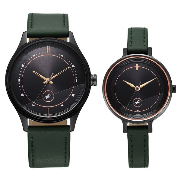 Fastrack Mixmatched Quartz Analog Black Dial Green Leather Strap Watch For Couple - image number 0